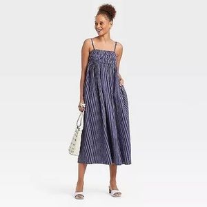 A New Day Striped Smocked Navy Blue Slip Maxi Dress NEW XXL